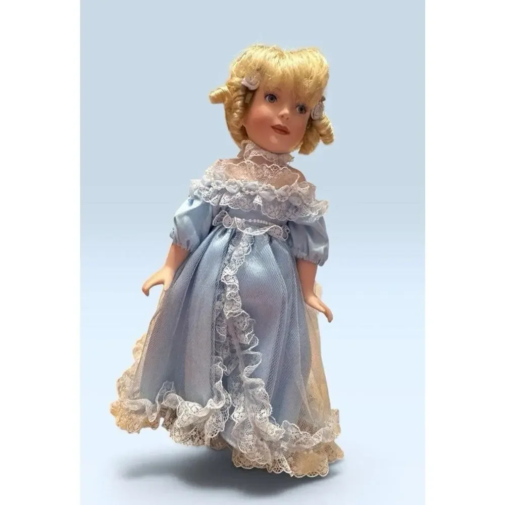 Vintage Porcelain Doll Blonde Curly Hair Blue Dress Lace White Shoes
